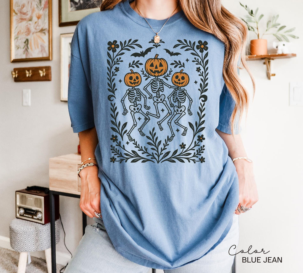 Skeleton Halloween Retro Shirt, Boho Cottagecore, Floral Halloween, Oversized, Comfort Colors, Crewneck Tee, Halloween Party, Spooky,