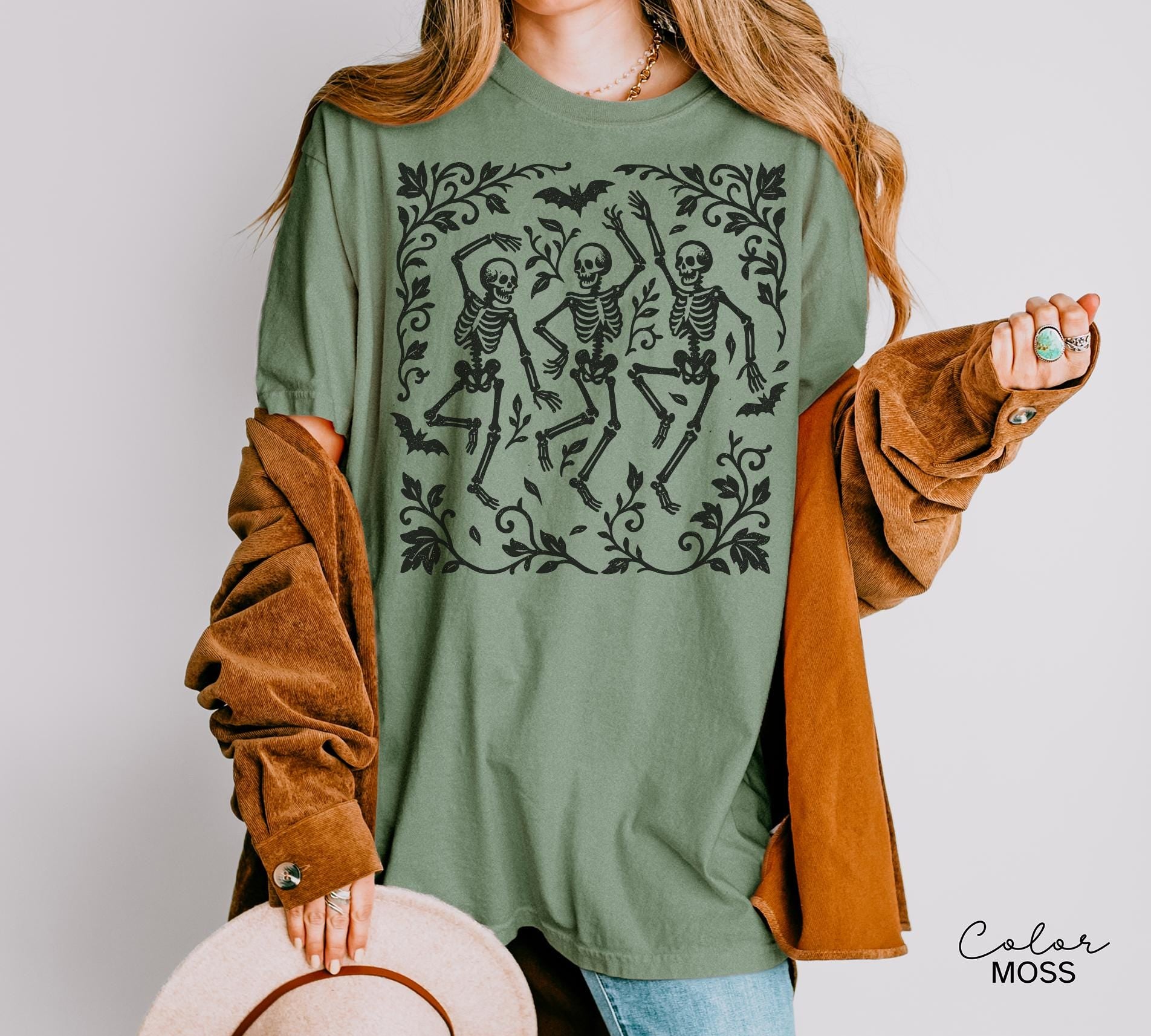 Skeleton Halloween Retro Shirt, Boho Cottagecore, Floral Halloween, Oversized, Comfort Colors, Crewneck Tee, Halloween Party, Spooky