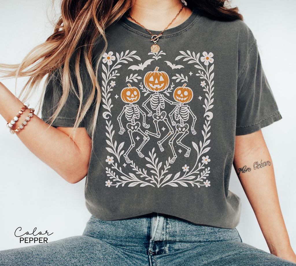 Skeleton Halloween Retro Shirt, Boho Cottagecore, Floral Halloween, Oversized, Comfort Colors, Crewneck Tee, Halloween Party, Spooky,