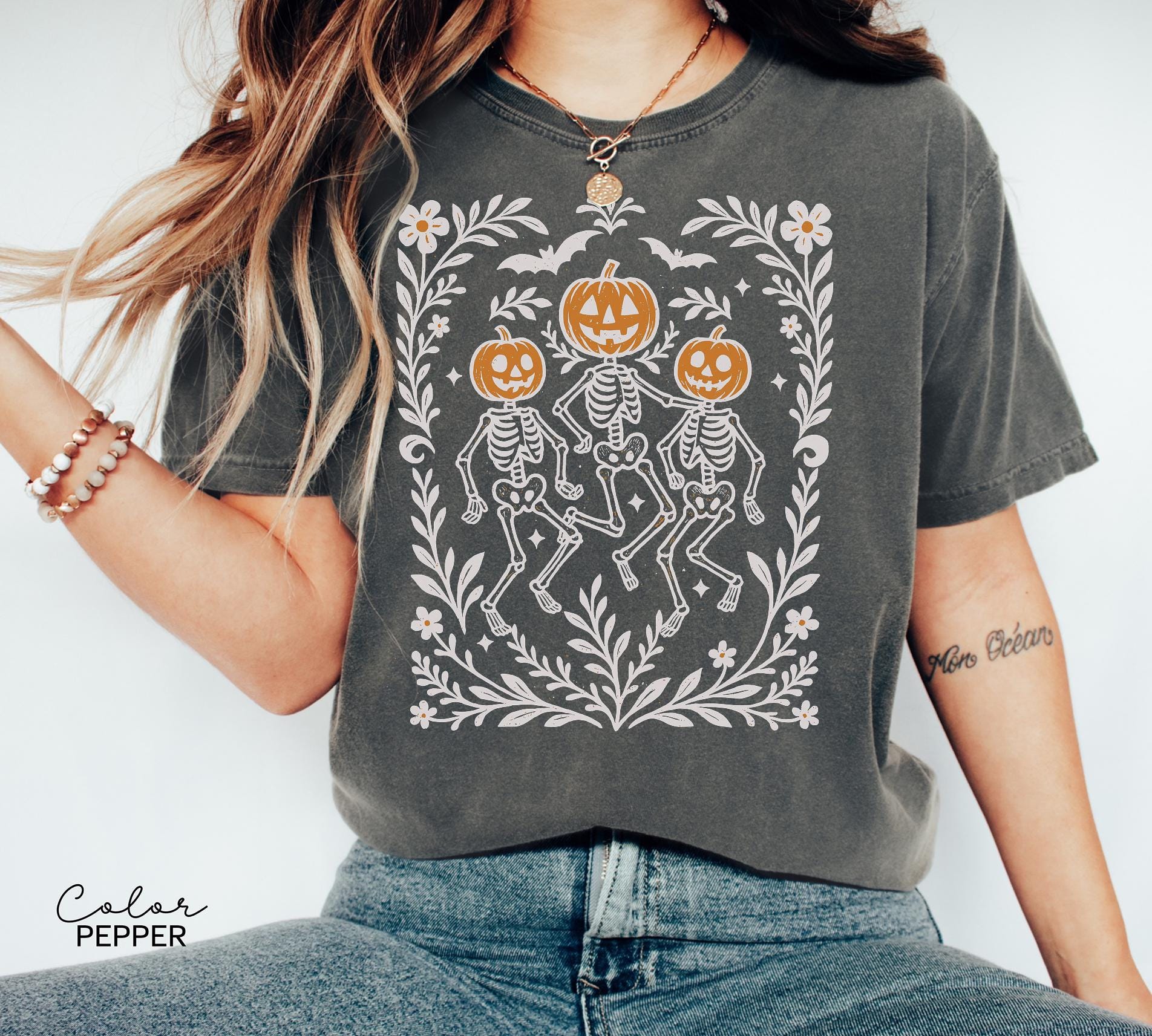 Skeleton Halloween Retro Shirt, Boho Cottagecore, Floral Halloween, Oversized, Comfort Colors, Crewneck Tee, Halloween Party, Spooky,