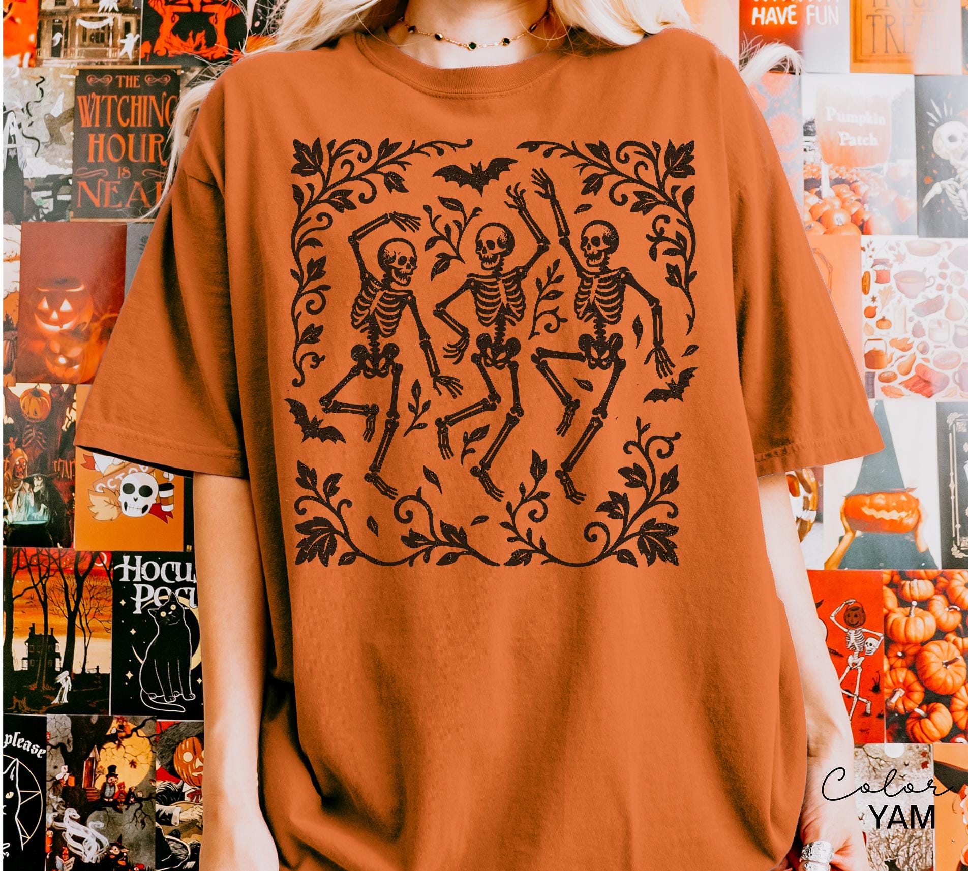 Skeleton Halloween Retro Shirt, Boho Cottagecore, Floral Halloween, Oversized, Comfort Colors, Crewneck Tee, Halloween Party, Spooky
