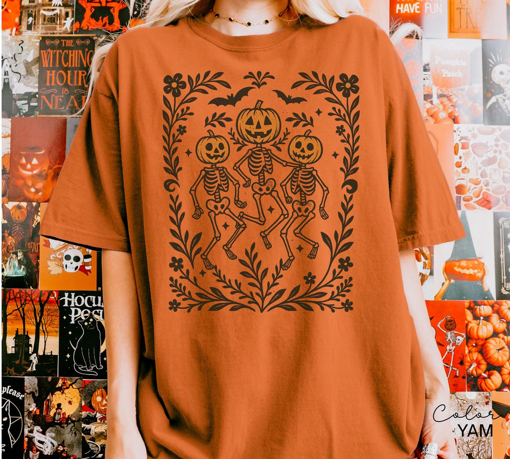 Skeleton Halloween Retro Shirt, Boho Cottagecore, Floral Halloween, Oversized, Comfort Colors, Crewneck Tee, Halloween Party, Spooky,
