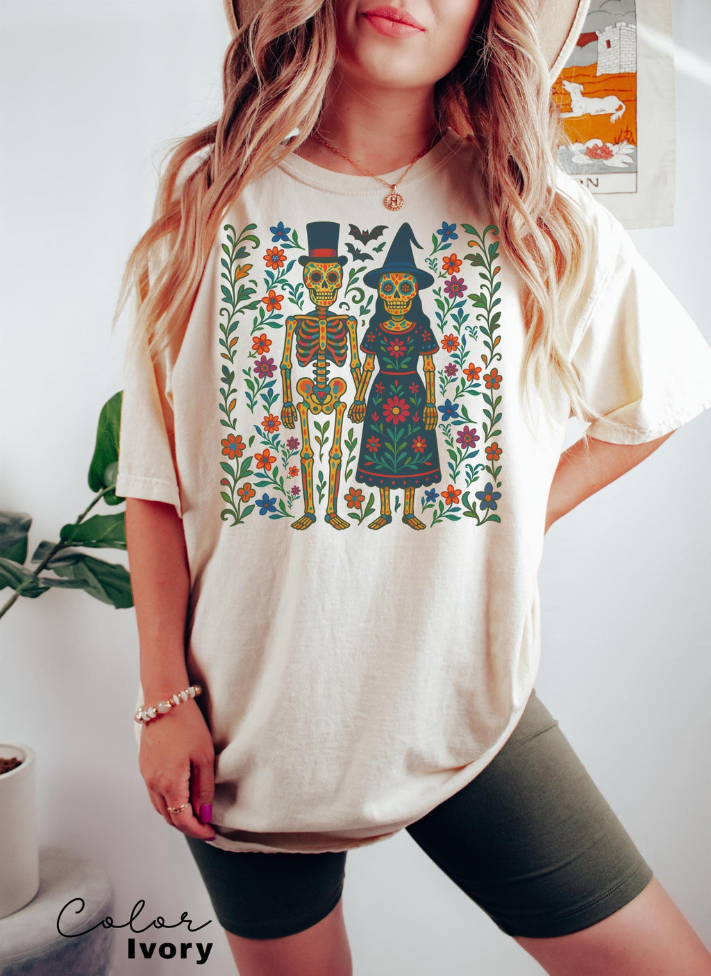 Halloween Skeleton Couple Shirt, Floral Halloween, Sugar Skull, Colorful Halloween Tee, Comfort Colors, Oversized, Retro Vintage Halloween