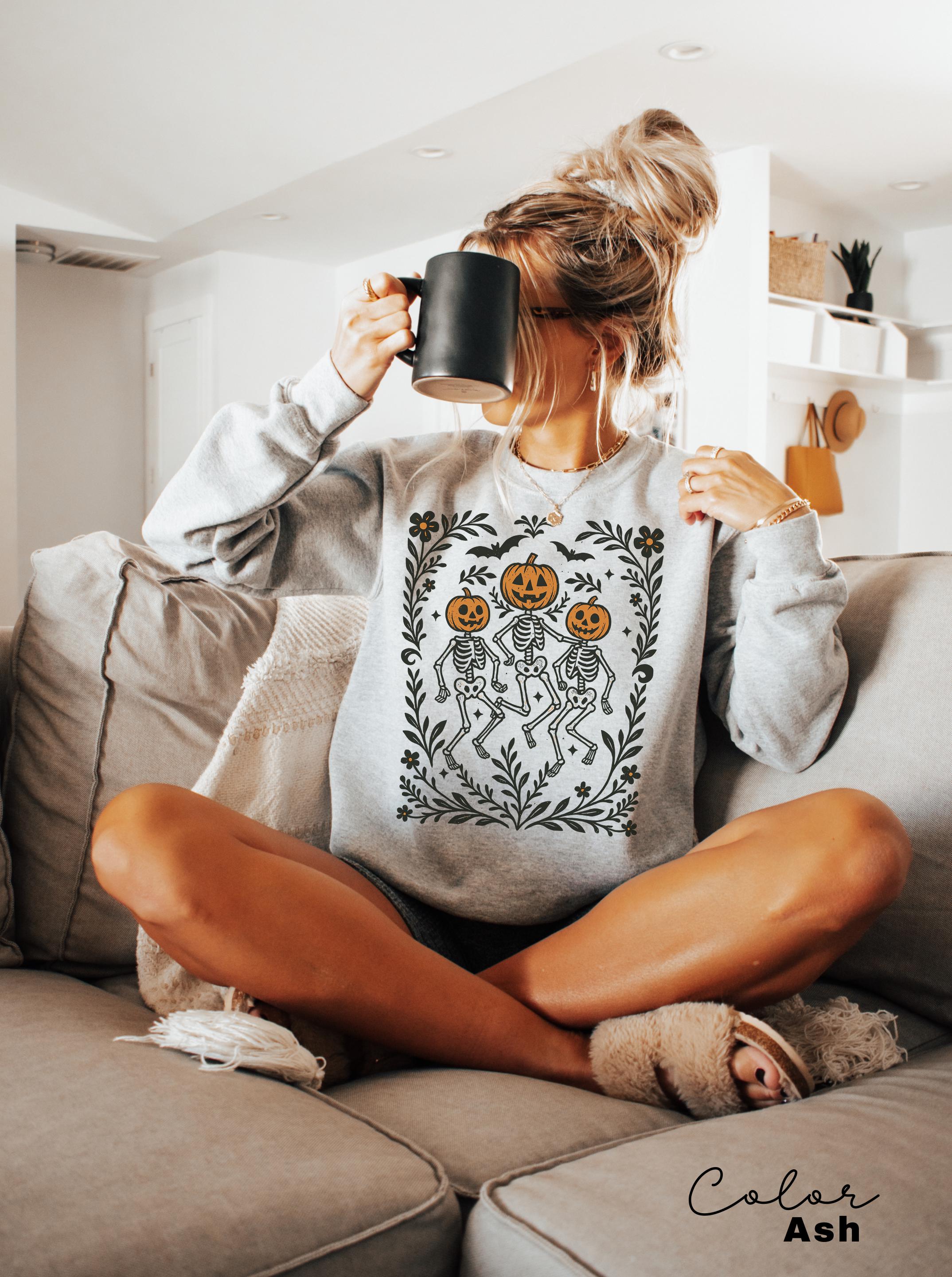 Dancing Skeleton Halloween Retro Pumpkin Sweatshirt, Boho Cottagecore, Floral Halloween, Oversized Crewneck, Halloween Party, Spooky