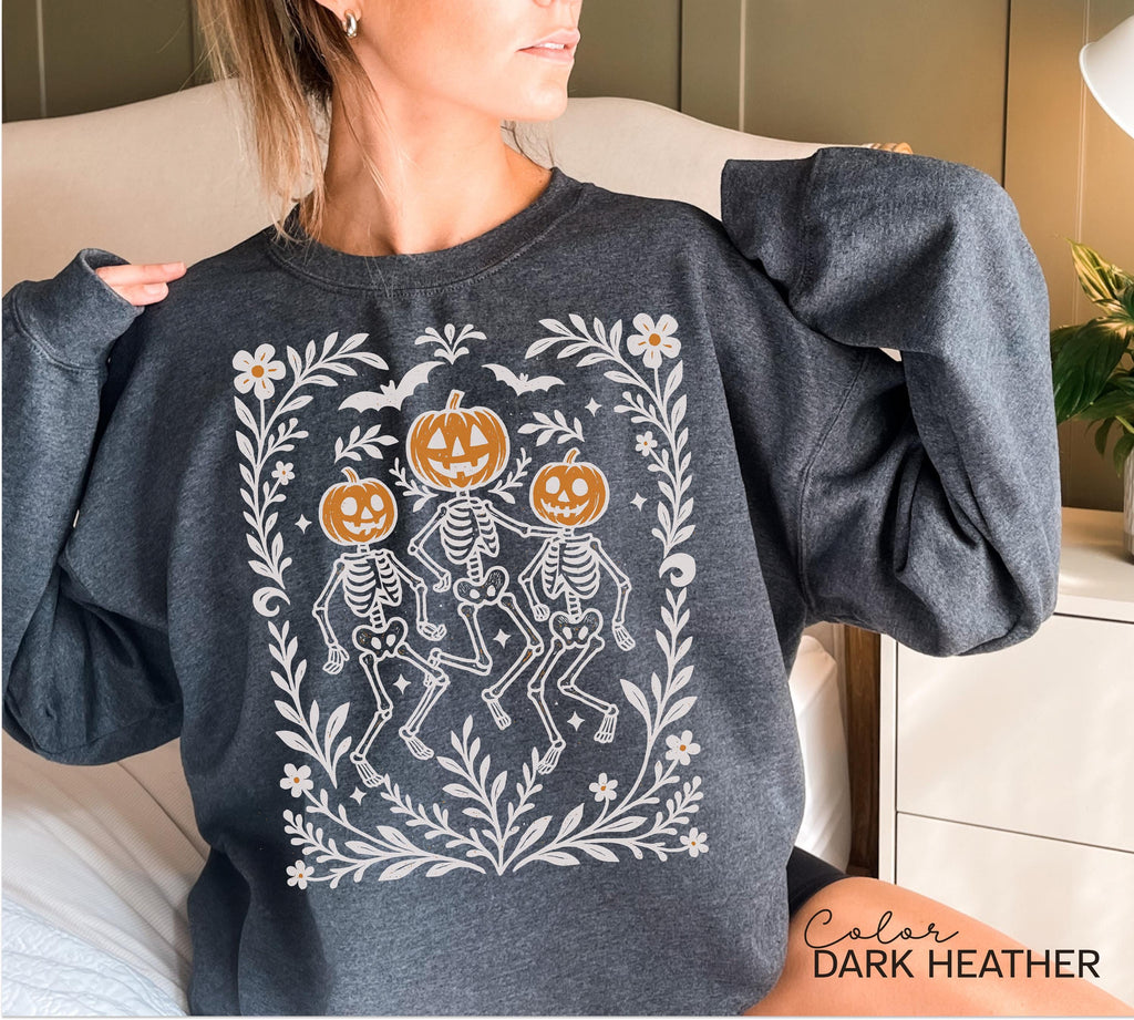 Dancing Skeleton Halloween Retro Pumpkin Sweatshirt, Boho Cottagecore, Floral Halloween, Oversized Crewneck, Halloween Party, Spooky