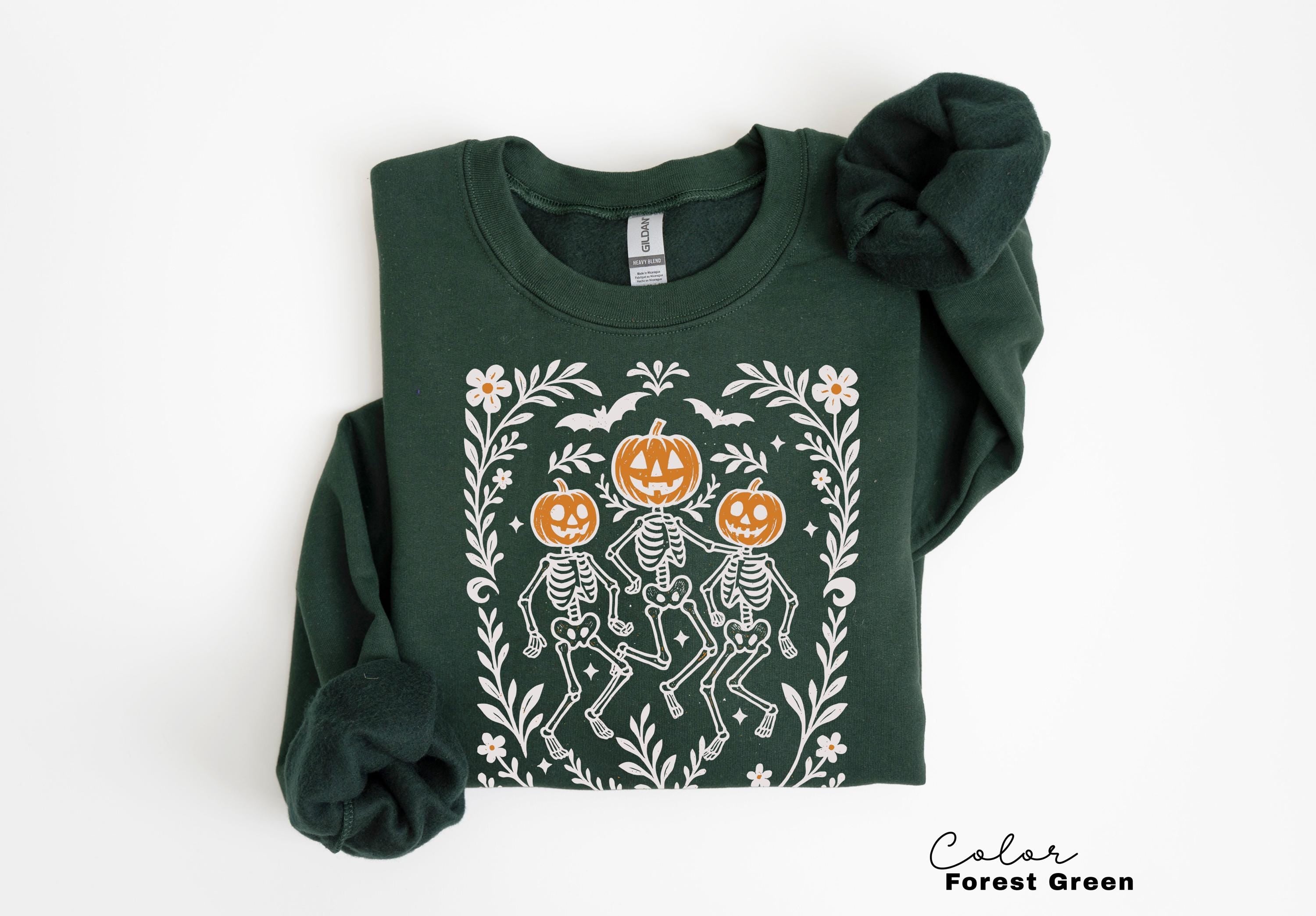 Dancing Skeleton Halloween Retro Pumpkin Sweatshirt, Boho Cottagecore, Floral Halloween, Oversized Crewneck, Halloween Party, Spooky