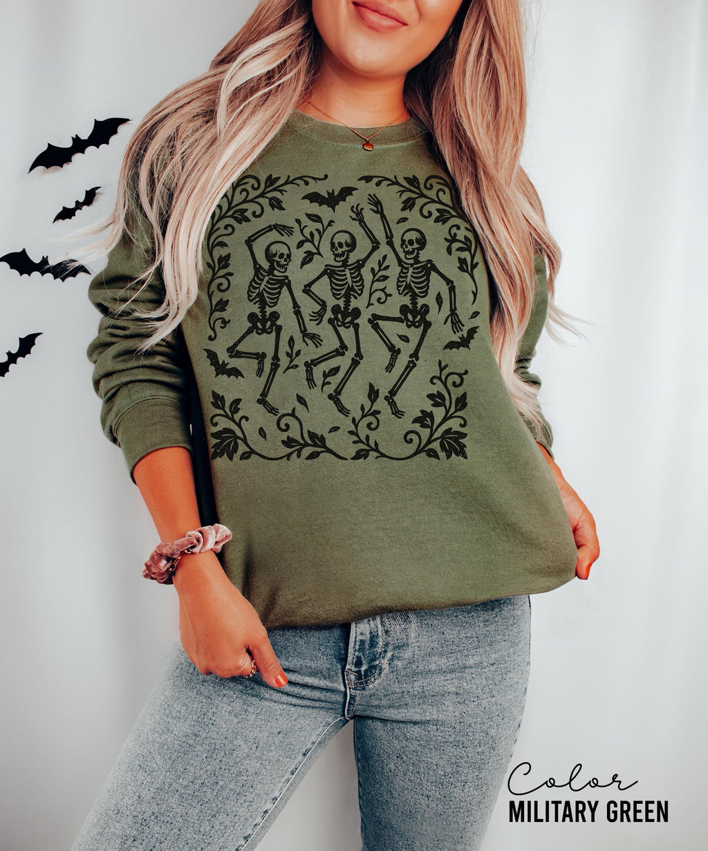 Dancing Skeleton Halloween Retro Sweatshirt, Boho Cottagecore, Floral Halloween, Oversized Crewneck, Halloween Party, Spooky