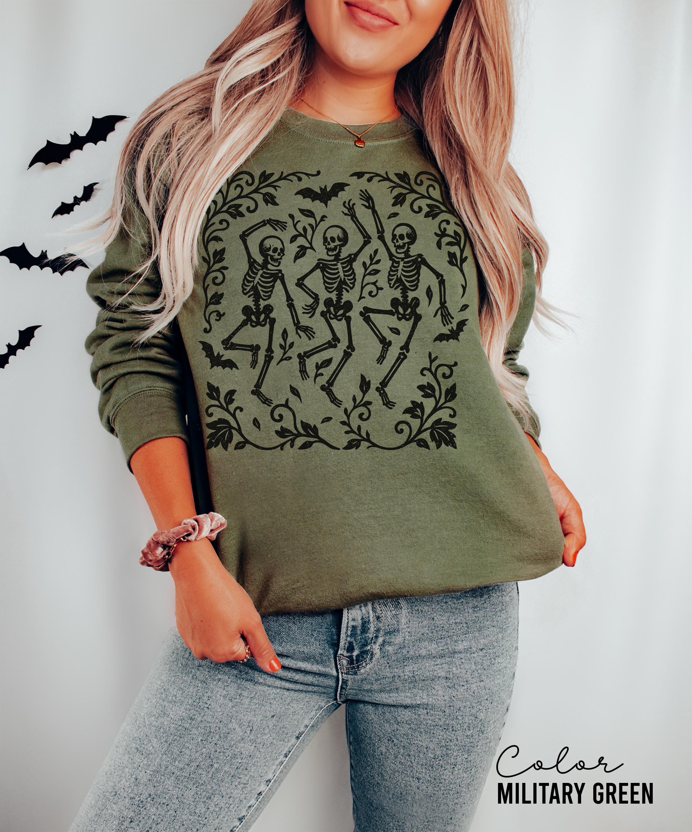 Dancing Skeleton Halloween Retro Sweatshirt, Boho Cottagecore, Floral Halloween, Oversized Crewneck, Halloween Party, Spooky
