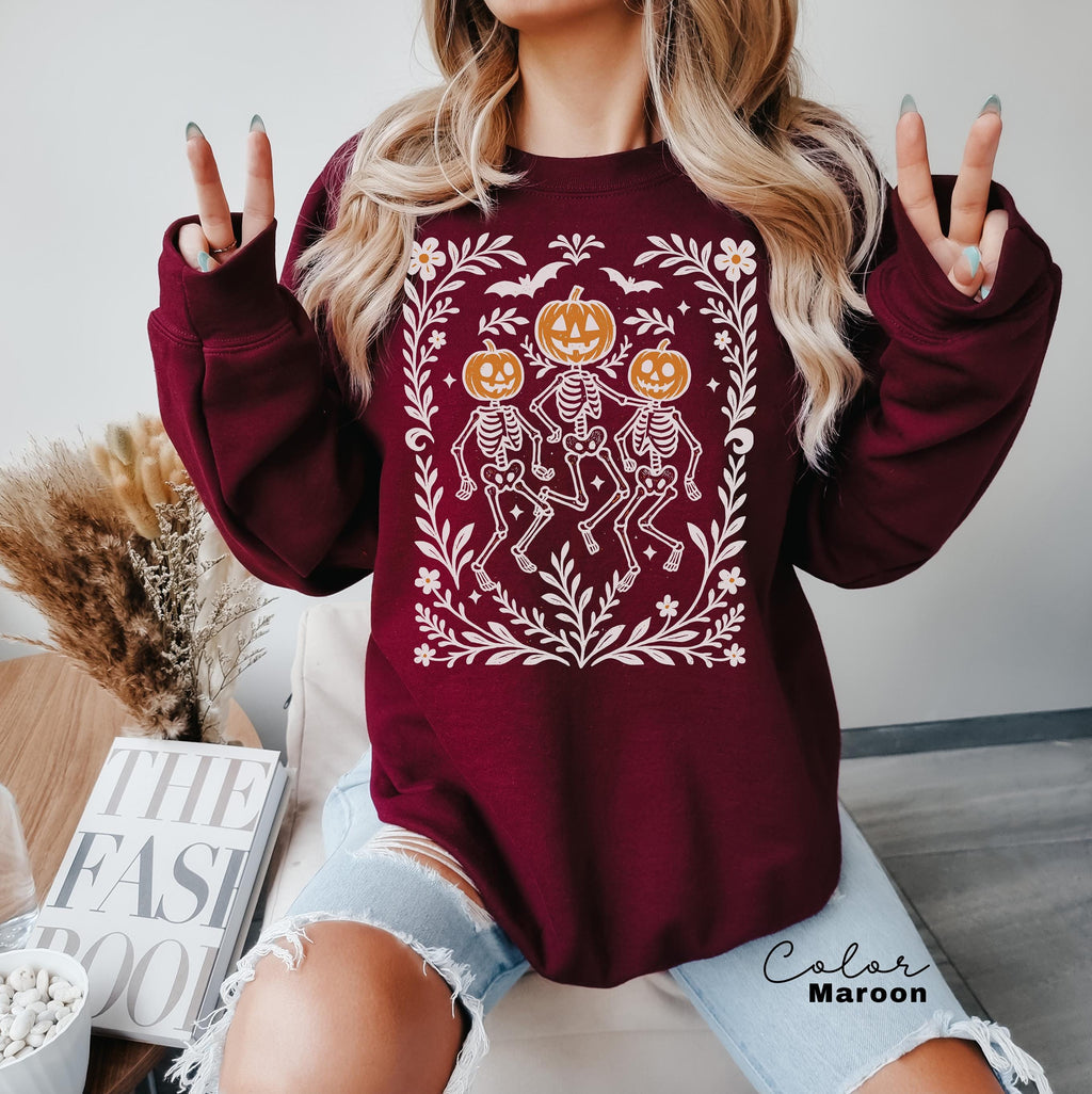 Dancing Skeleton Halloween Retro Pumpkin Sweatshirt, Boho Cottagecore, Floral Halloween, Oversized Crewneck, Halloween Party, Spooky