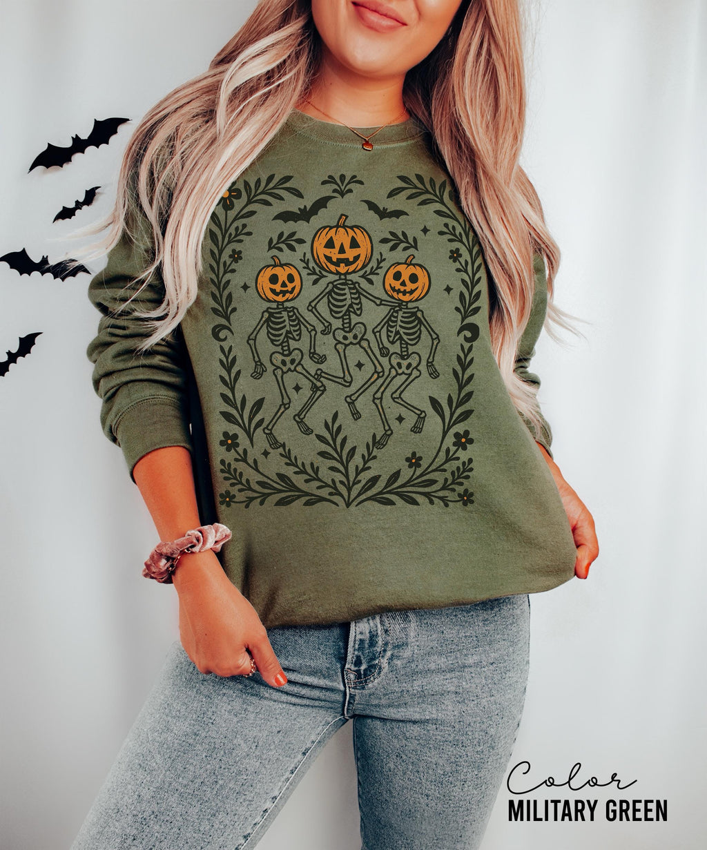 Dancing Skeleton Halloween Retro Pumpkin Sweatshirt, Boho Cottagecore, Floral Halloween, Oversized Crewneck, Halloween Party, Spooky
