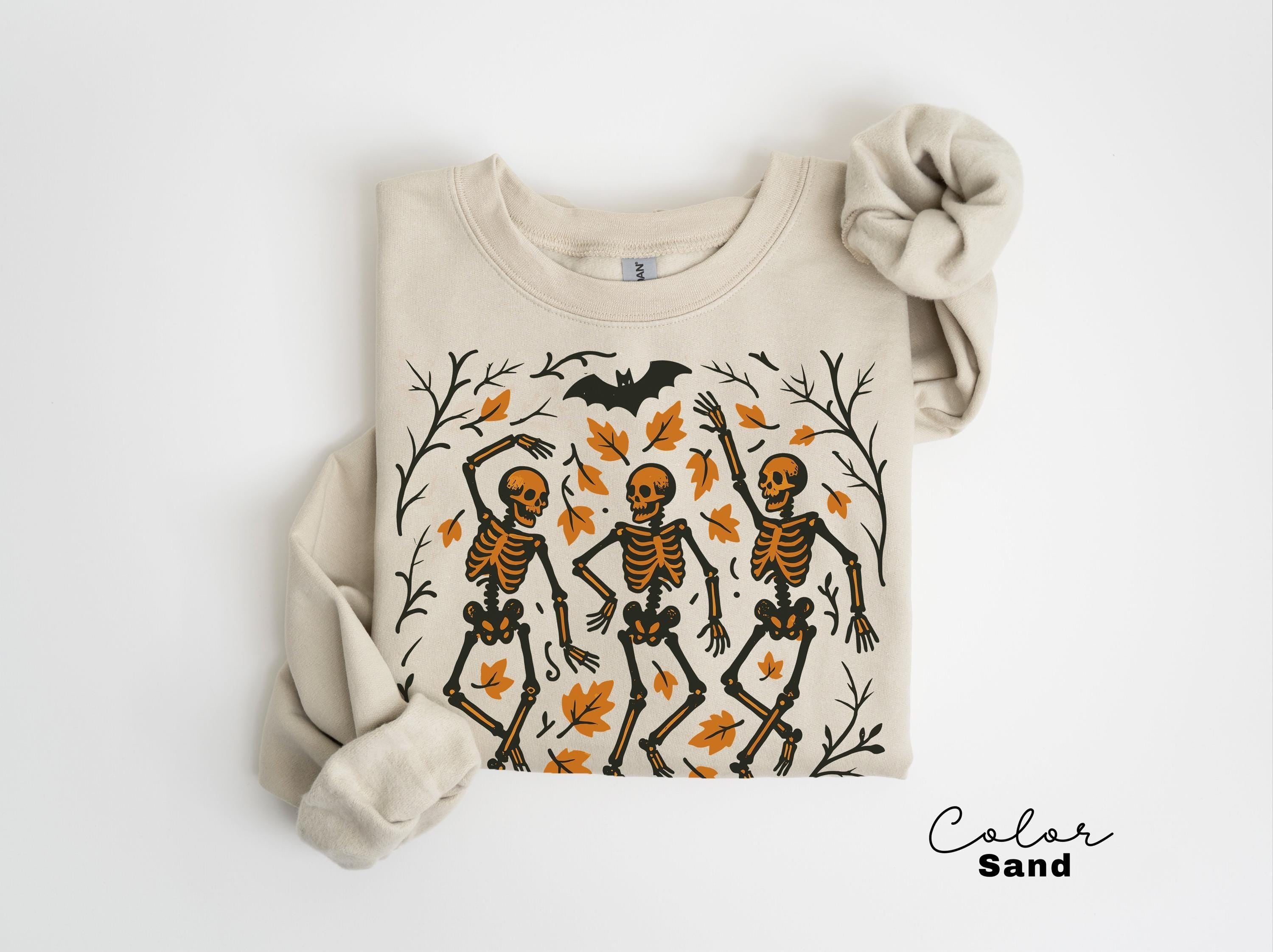 Dancing Skeleton Halloween Retro Sweatshirt, Boho Cottagecore, Floral Halloween, Oversized Crewneck, Halloween Party, Spooky
