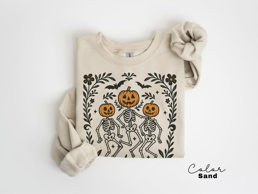 Dancing Skeleton Halloween Retro Pumpkin Sweatshirt, Boho Cottagecore, Floral Halloween, Oversized Crewneck, Halloween Party, Spooky