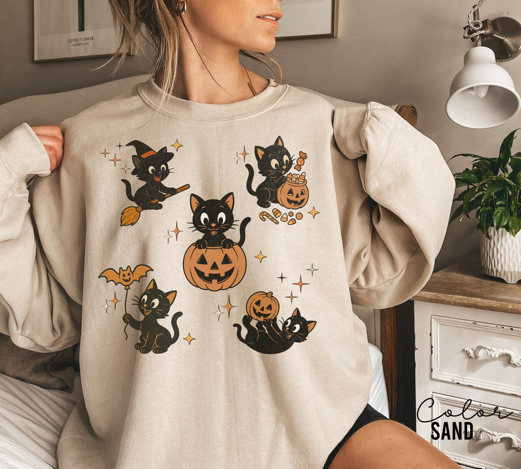 90s Cat Halloween Sweatshirt, Retro Halloween Sweatshirt, Spooky Season Crewneck, Pumpkin Shirt, Cat Lover Gift, Black Cat, Spooky Season