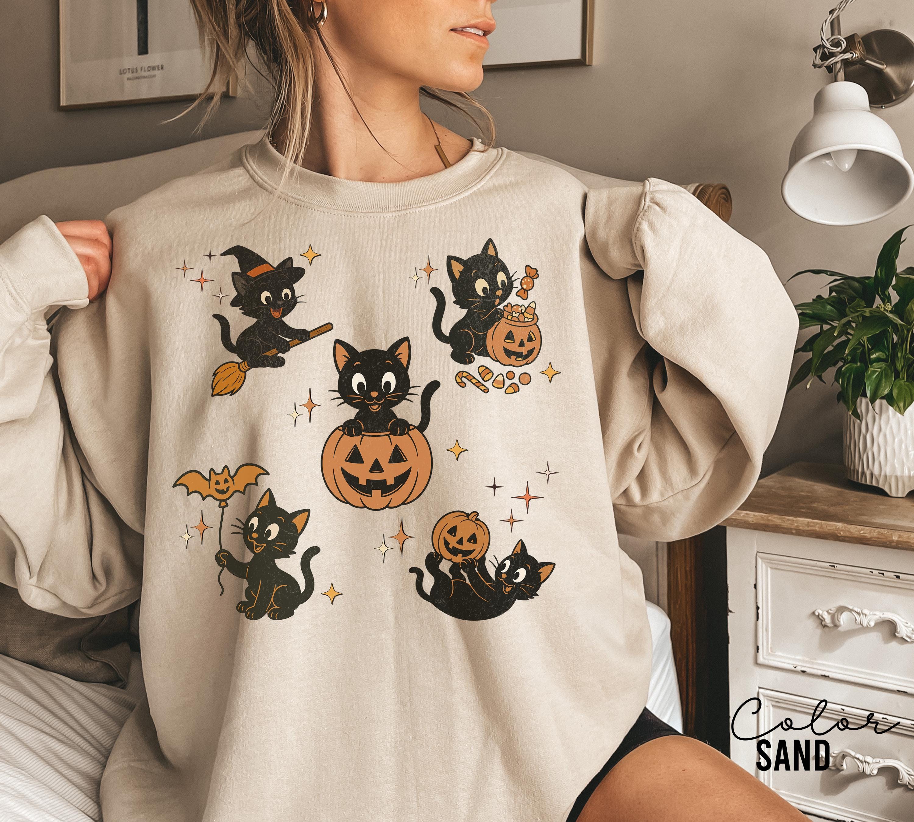 90s Cat Halloween Sweatshirt, Retro Halloween Sweatshirt, Spooky Season Crewneck, Pumpkin Shirt, Cat Lover Gift, Black Cat, Spooky Season