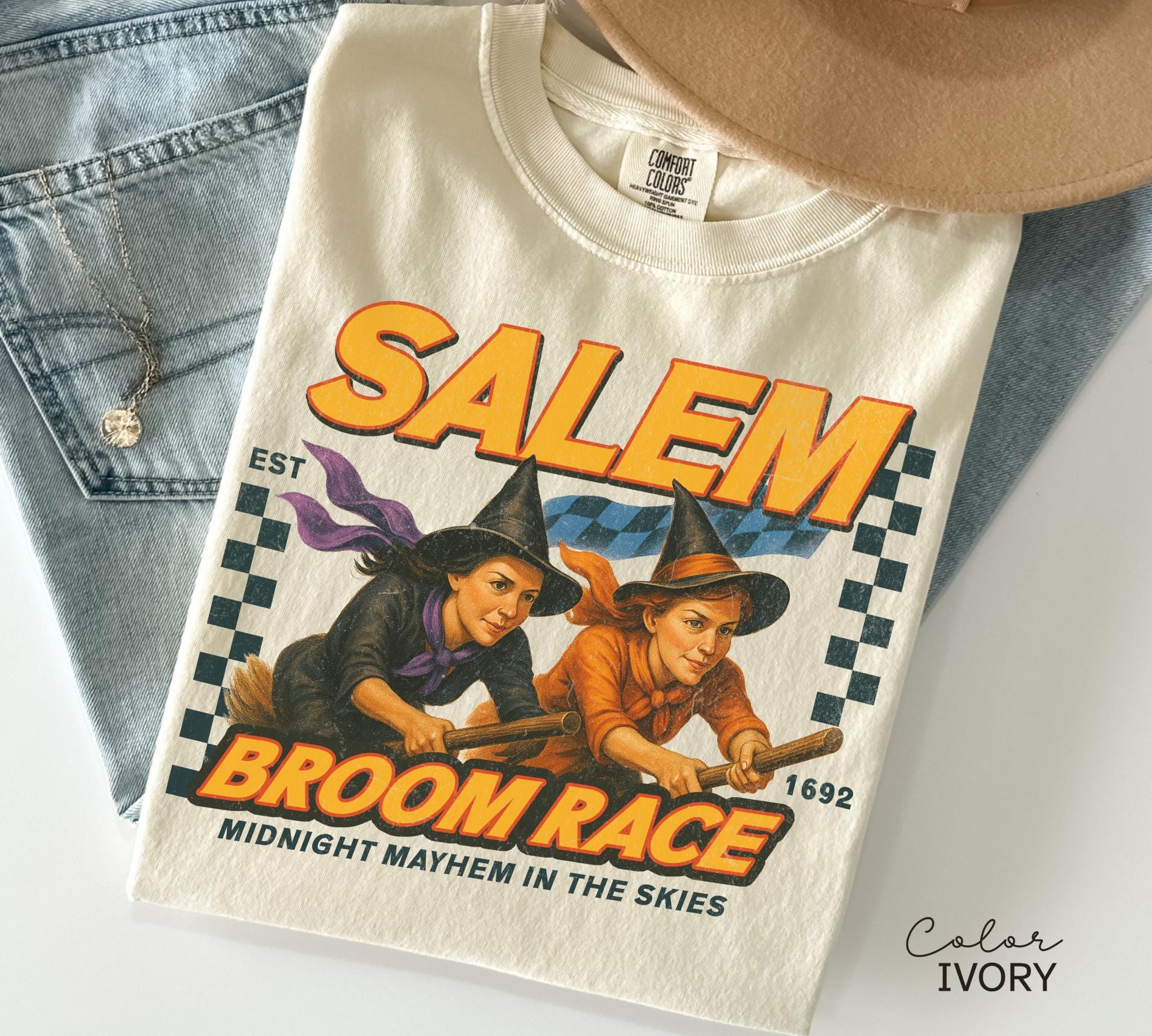 Retro Halloween Salem Witch Shirt, Salem Broom Race, Comfort Colors Halloween T Shirt, Salem Massachusetts, Funny Halloween, Halloween Party
