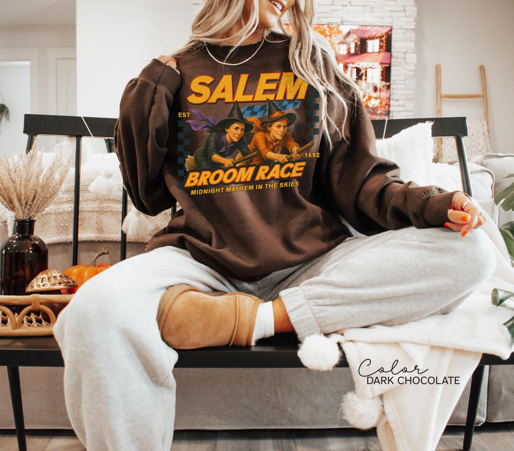 Retro Halloween Salem Witch Sweatshirt, Salem Broom Race, Salem Massachusetts, Funny Halloween, Halloween Party, Funny Halloween