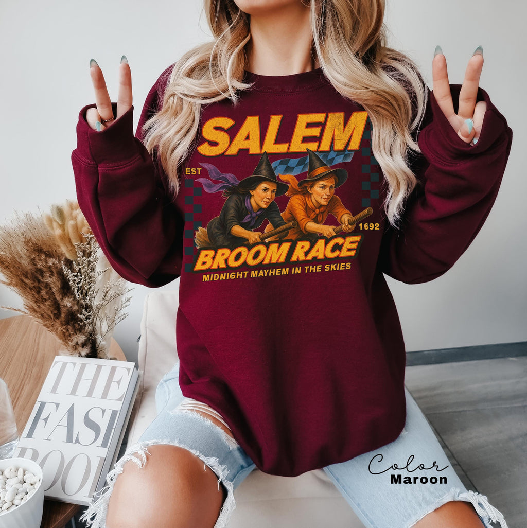 Retro Halloween Salem Witch Sweatshirt, Salem Broom Race, Salem Massachusetts, Funny Halloween, Halloween Party, Funny Halloween
