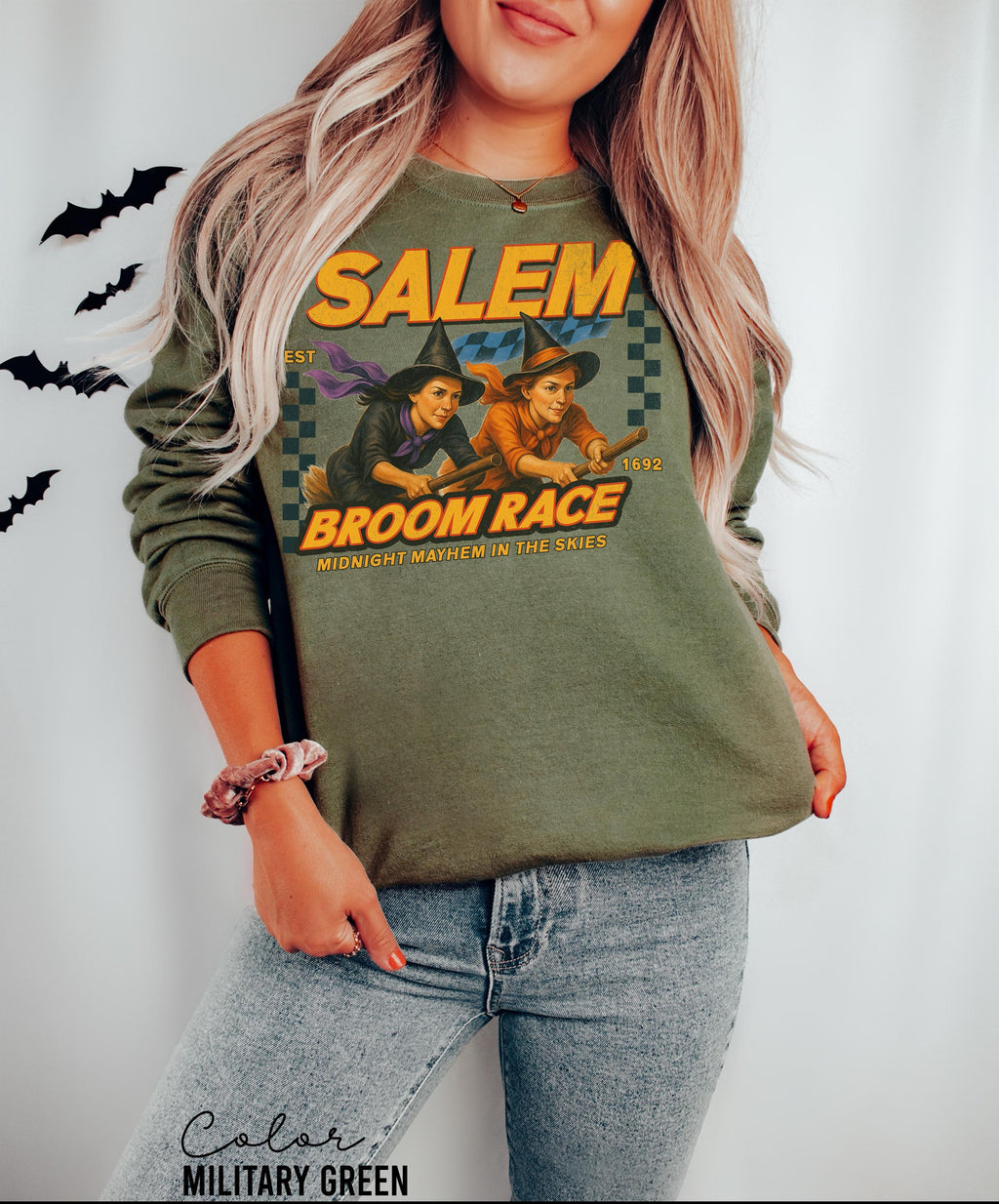 Retro Halloween Salem Witch Sweatshirt, Salem Broom Race, Salem Massachusetts, Funny Halloween, Halloween Party, Funny Halloween