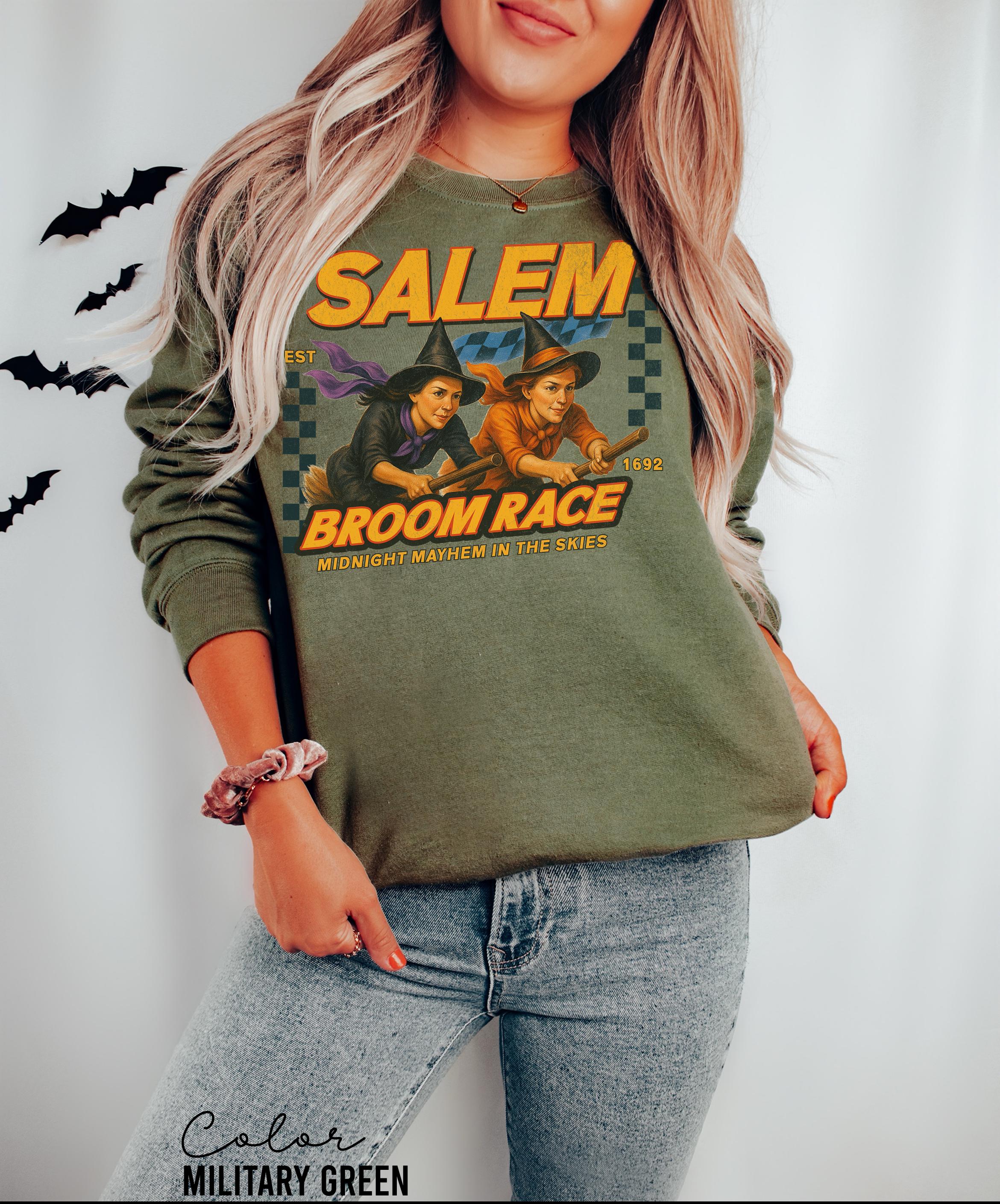 Retro Halloween Salem Witch Sweatshirt, Salem Broom Race, Salem Massachusetts, Funny Halloween, Halloween Party, Funny Halloween