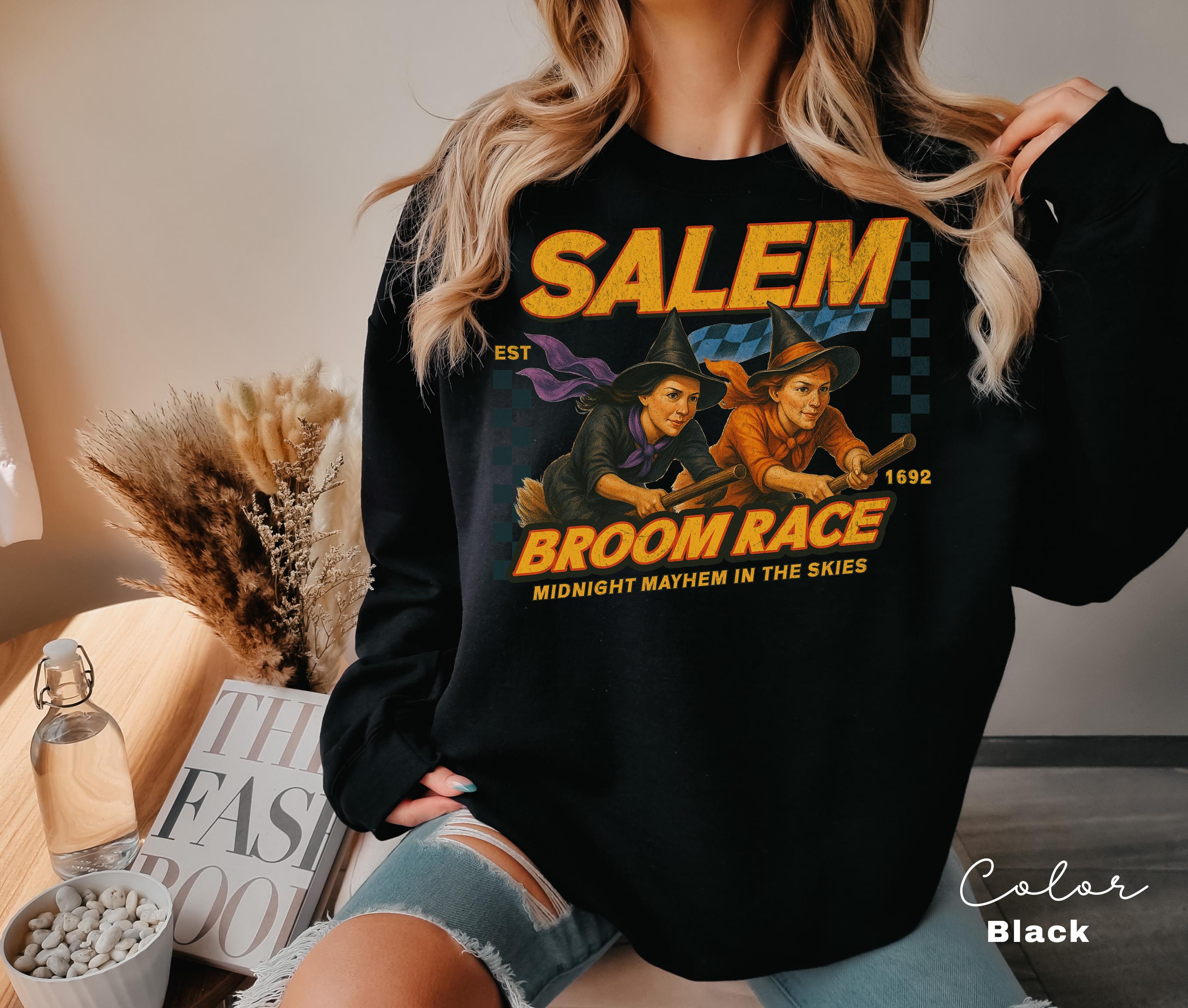 Retro Halloween Salem Witch Sweatshirt, Salem Broom Race, Salem Massachusetts, Funny Halloween, Halloween Party, Funny Halloween
