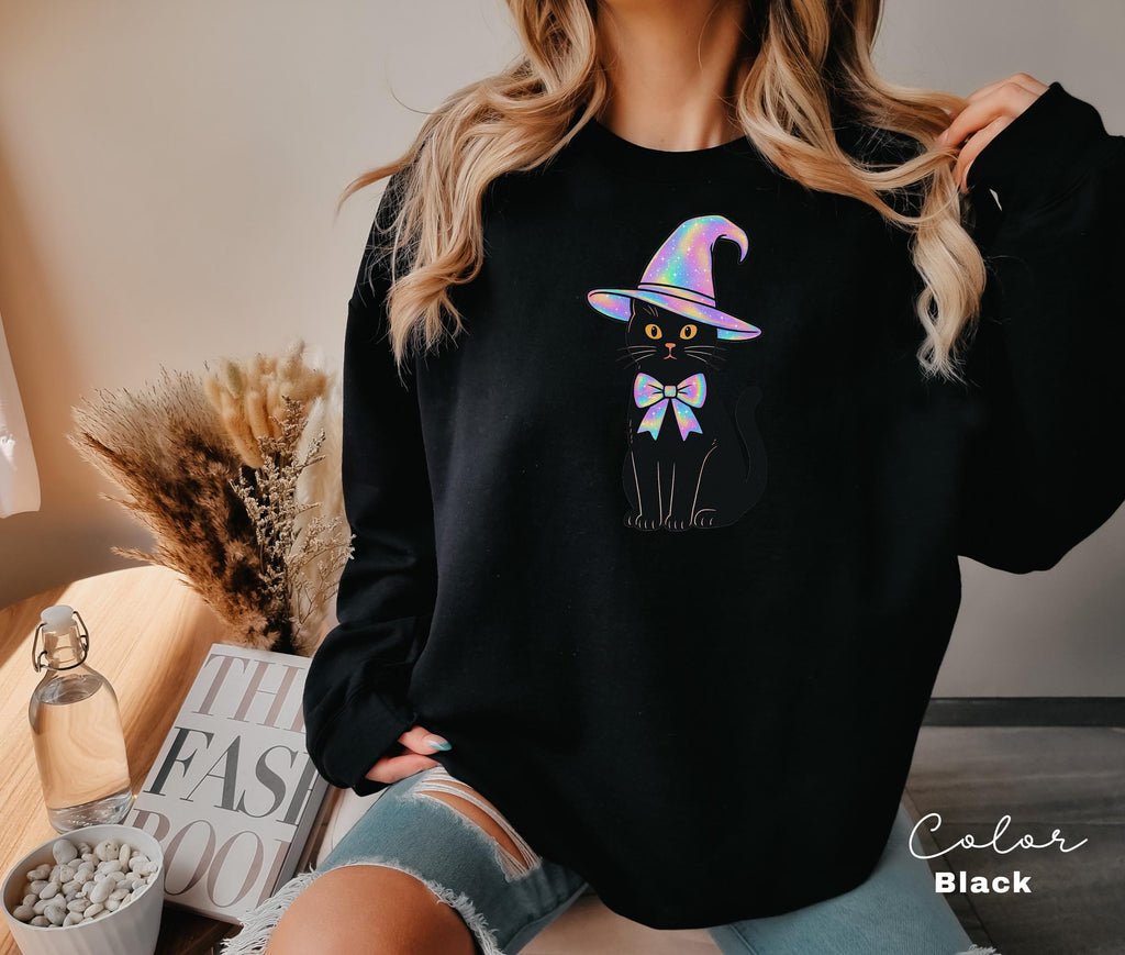Halloween Black Cat Sweatshirt, Cat Lover Halloween Colorful Sweatshirt, Spooky Season Cat, Halloween Cute Women Outfit, Halloween Gift