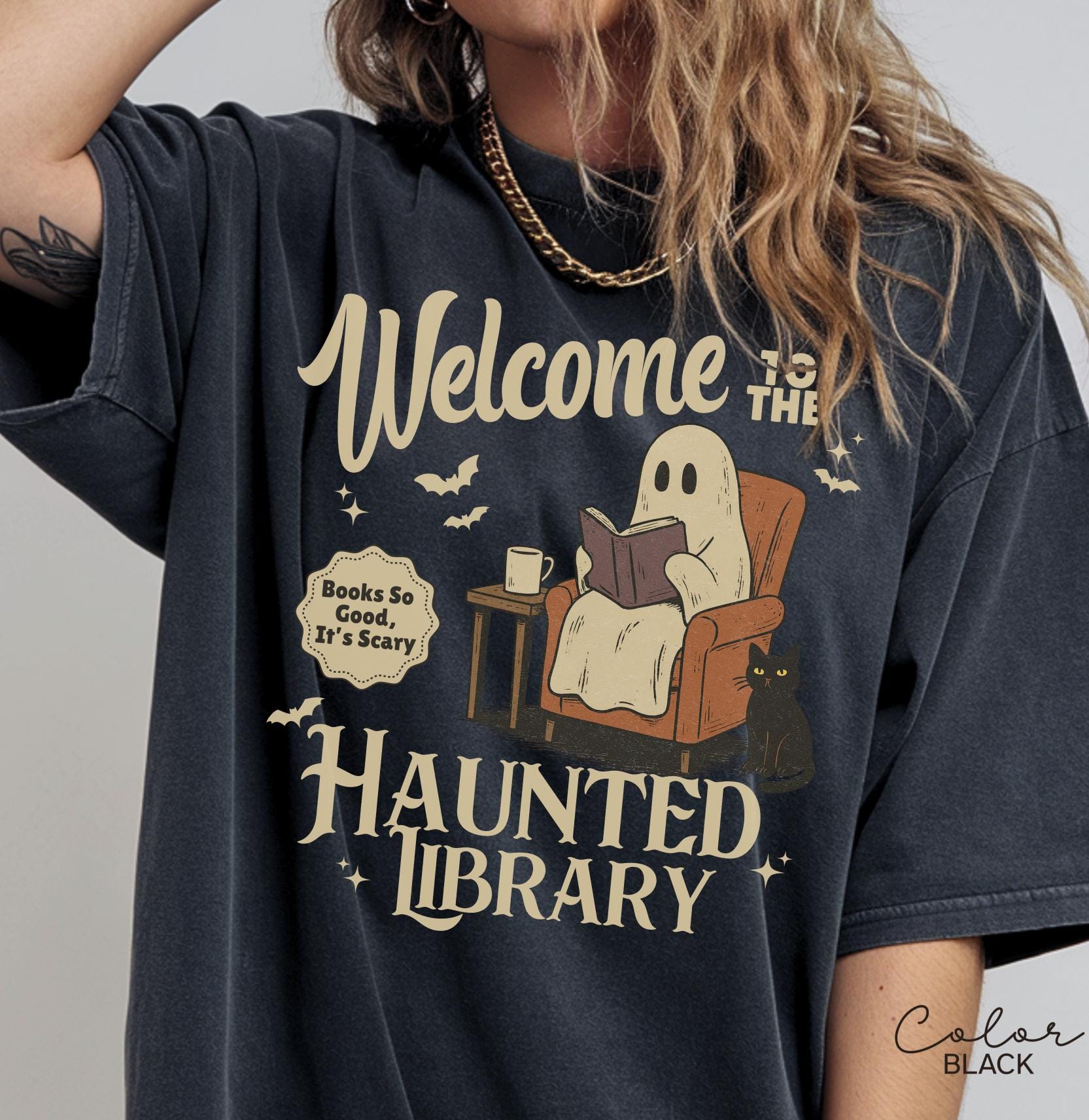 Halloween Ghost Reading Book Shirt, Haunted Library Comfort Colors Shirt, Book Lover Funny Halloween Librarian Graphic Tee Bookish Spooky