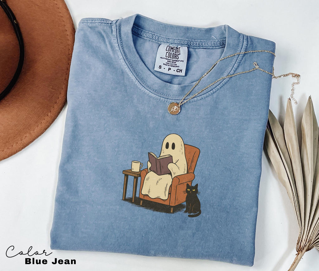 Halloween Ghost Reading Book Shirt, Comfort Colors Bookworm Shirt, Bookish Halloween Shirt, Halloween Reader Gift Shirt, Book Club Shirt