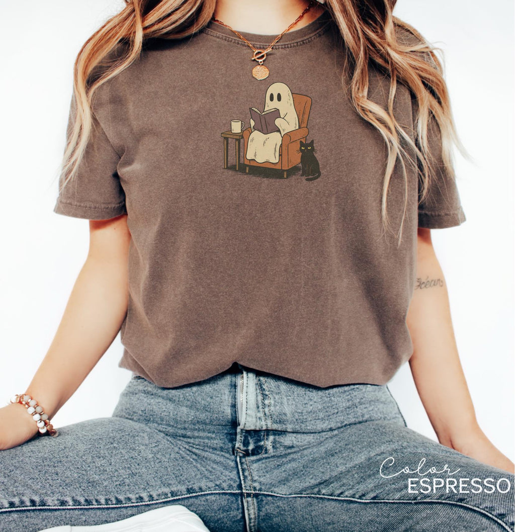 Halloween Ghost Reading Book Shirt, Comfort Colors Bookworm Shirt, Bookish Halloween Shirt, Halloween Reader Gift Shirt, Book Club Shirt
