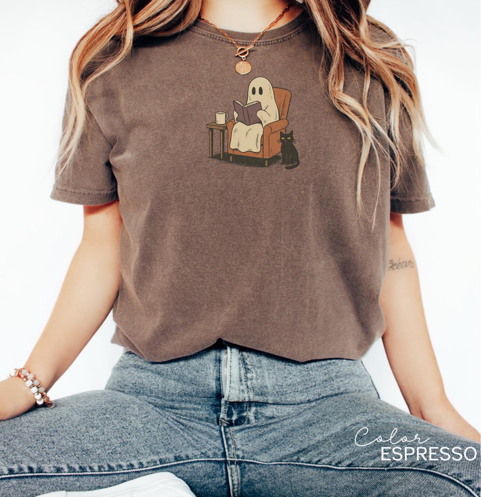 Halloween Ghost Reading Book Shirt, Comfort Colors Bookworm Shirt, Bookish Halloween Shirt, Halloween Reader Gift Shirt, Book Club Shirt