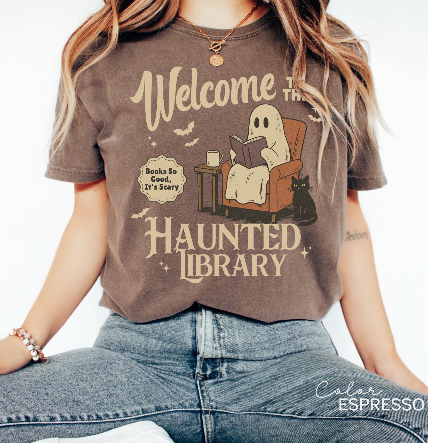 Halloween Ghost Reading Book Shirt, Haunted Library Comfort Colors Shirt, Book Lover Funny Halloween Librarian Graphic Tee Bookish Spooky