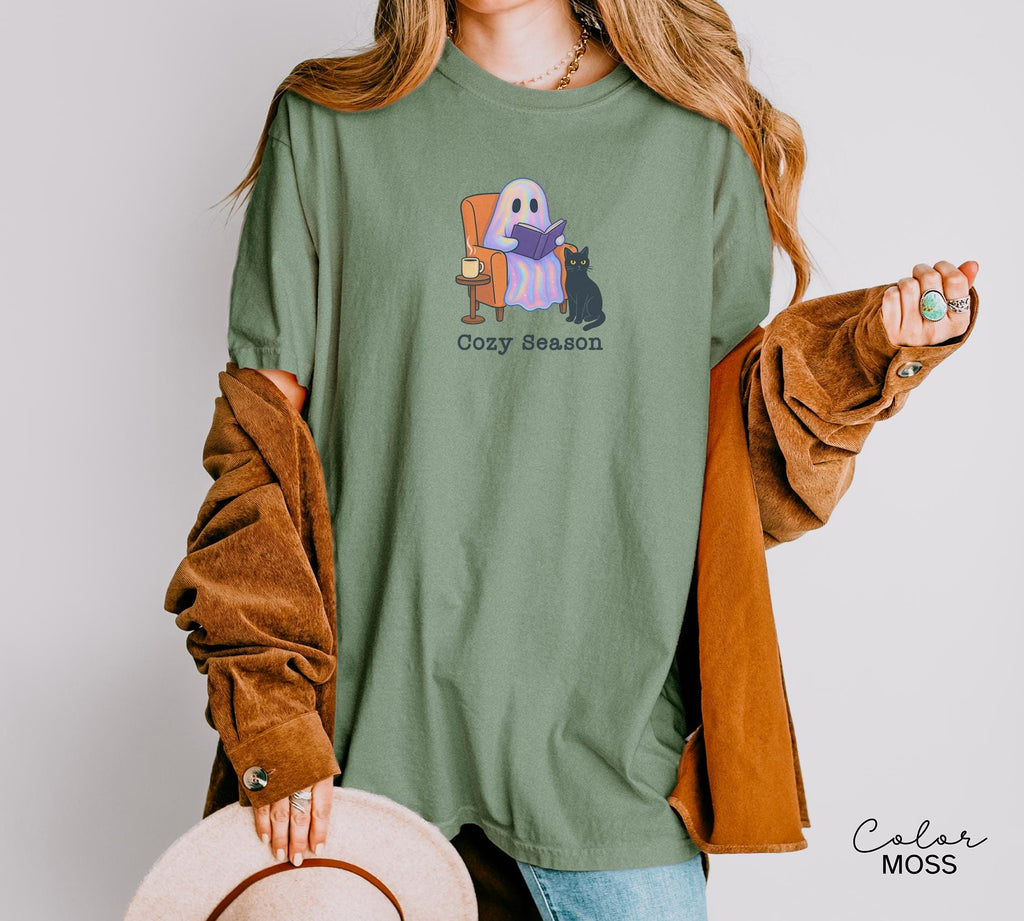Halloween Ghost Reading Book Shirt, Comfort Colors Cozy Season Shirt, Bookish Halloween Shirt, Halloween Reader Gift Shirt, Book Club Shirt