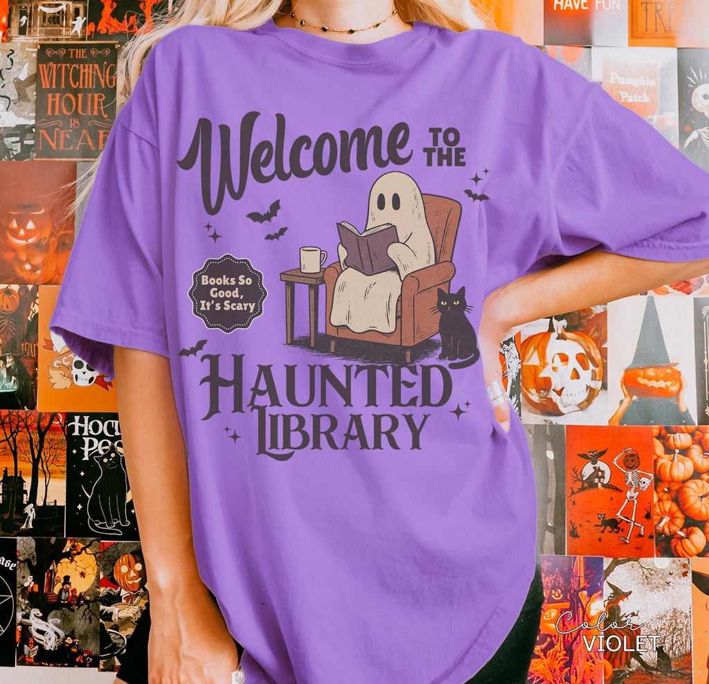 Halloween Ghost Reading Book Shirt, Haunted Library Comfort Colors Shirt, Book Lover Funny Halloween Librarian Graphic Tee Bookish Spooky