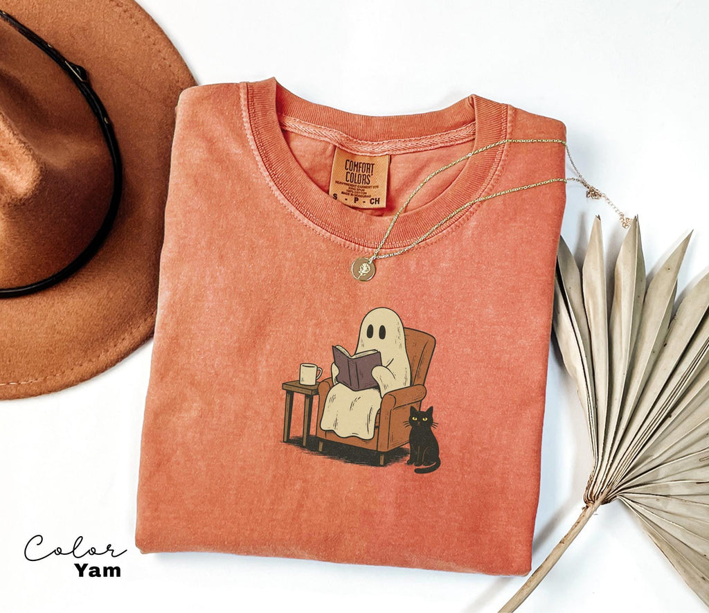 Halloween Ghost Reading Book Shirt, Comfort Colors Bookworm Shirt, Bookish Halloween Shirt, Halloween Reader Gift Shirt, Book Club Shirt