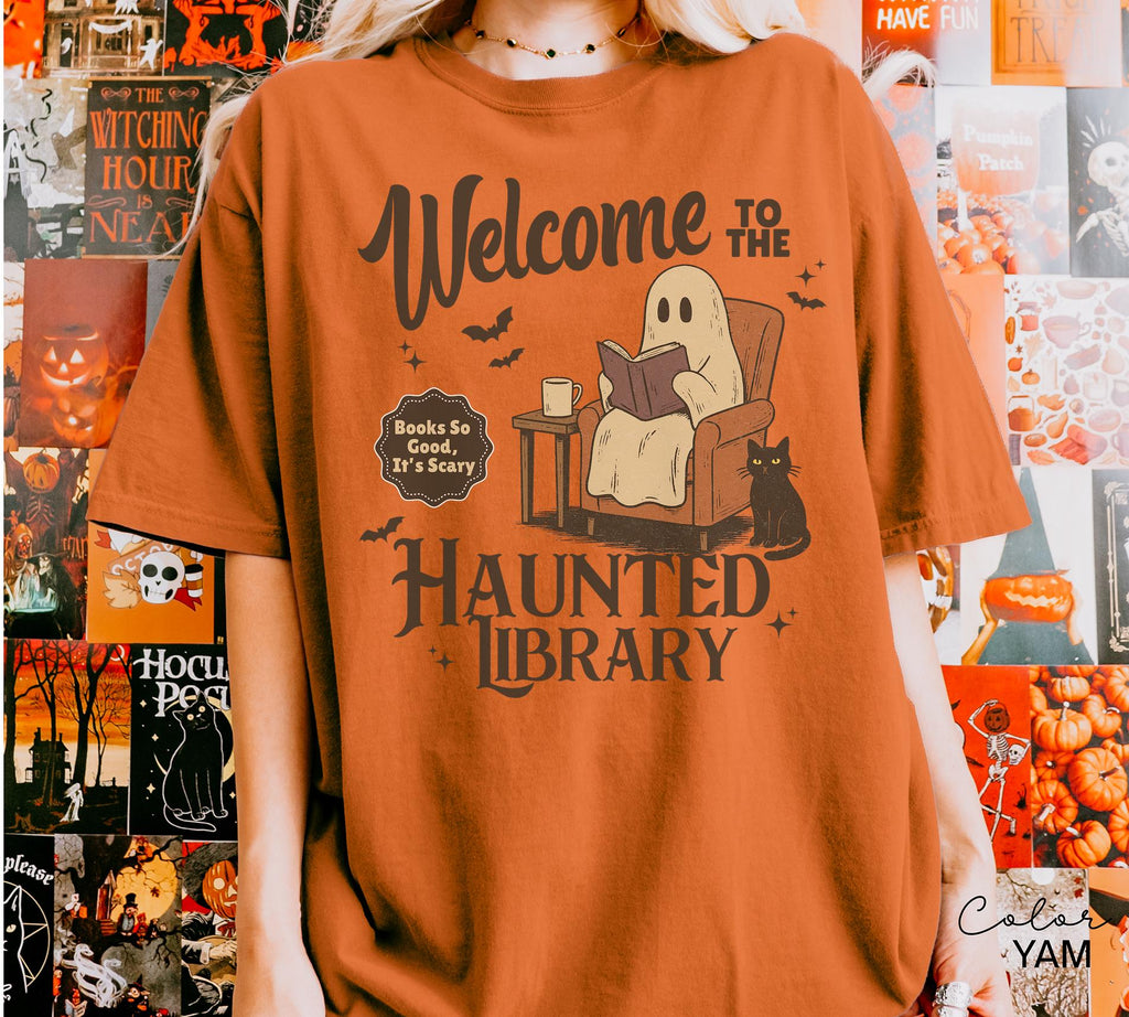 Halloween Ghost Reading Book Shirt, Haunted Library Comfort Colors Shirt, Book Lover Funny Halloween Librarian Graphic Tee Bookish Spooky