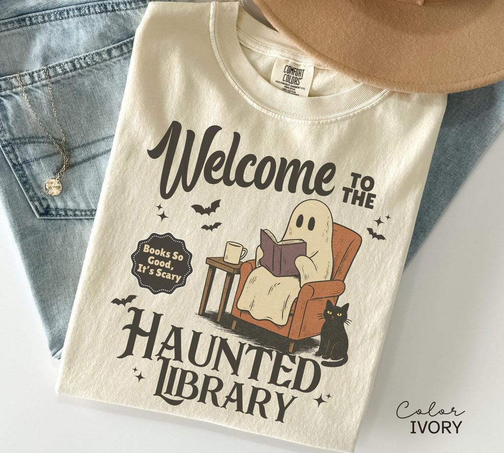 Halloween Ghost Reading Book Shirt, Haunted Library Comfort Colors Shirt, Book Lover Funny Halloween Librarian Graphic Tee Bookish Spooky