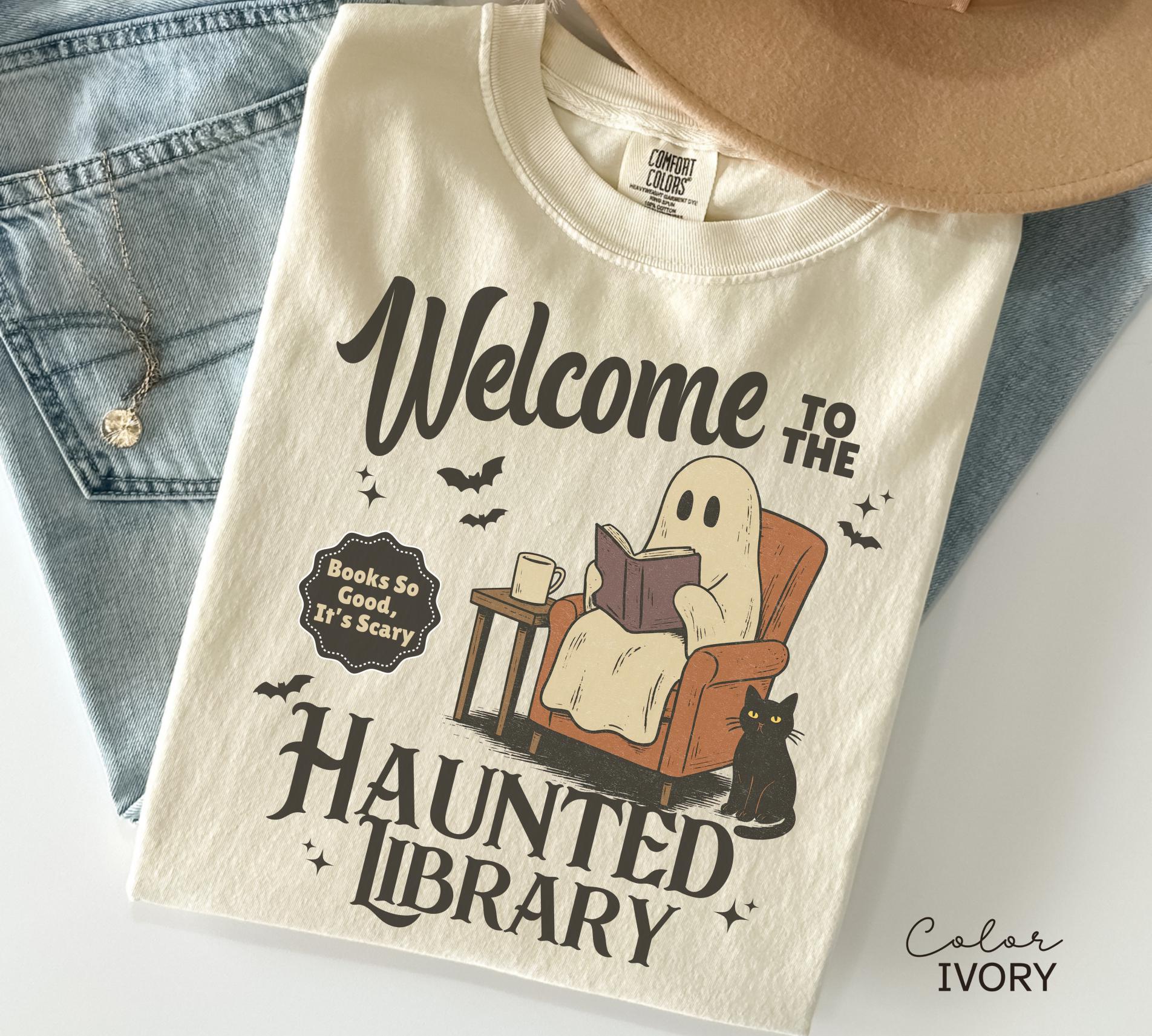 Halloween Ghost Reading Book Shirt, Haunted Library Comfort Colors Shirt, Book Lover Funny Halloween Librarian Graphic Tee Bookish Spooky