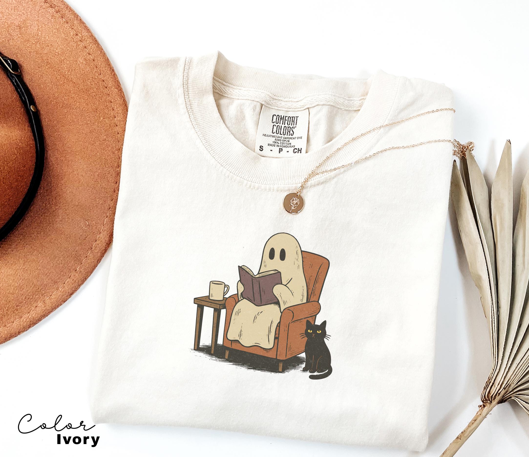 Halloween Ghost Reading Book Shirt, Comfort Colors Bookworm Shirt, Bookish Halloween Shirt, Halloween Reader Gift Shirt, Book Club Shirt
