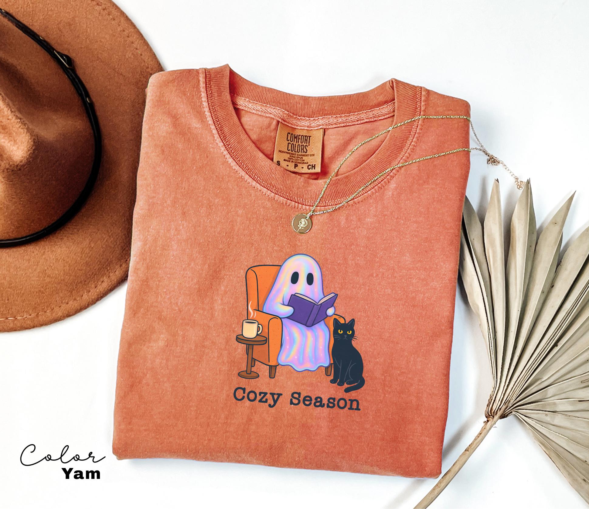 Halloween Ghost Reading Book Shirt, Comfort Colors Cozy Season Shirt, Bookish Halloween Shirt, Halloween Reader Gift Shirt, Book Club Shirt