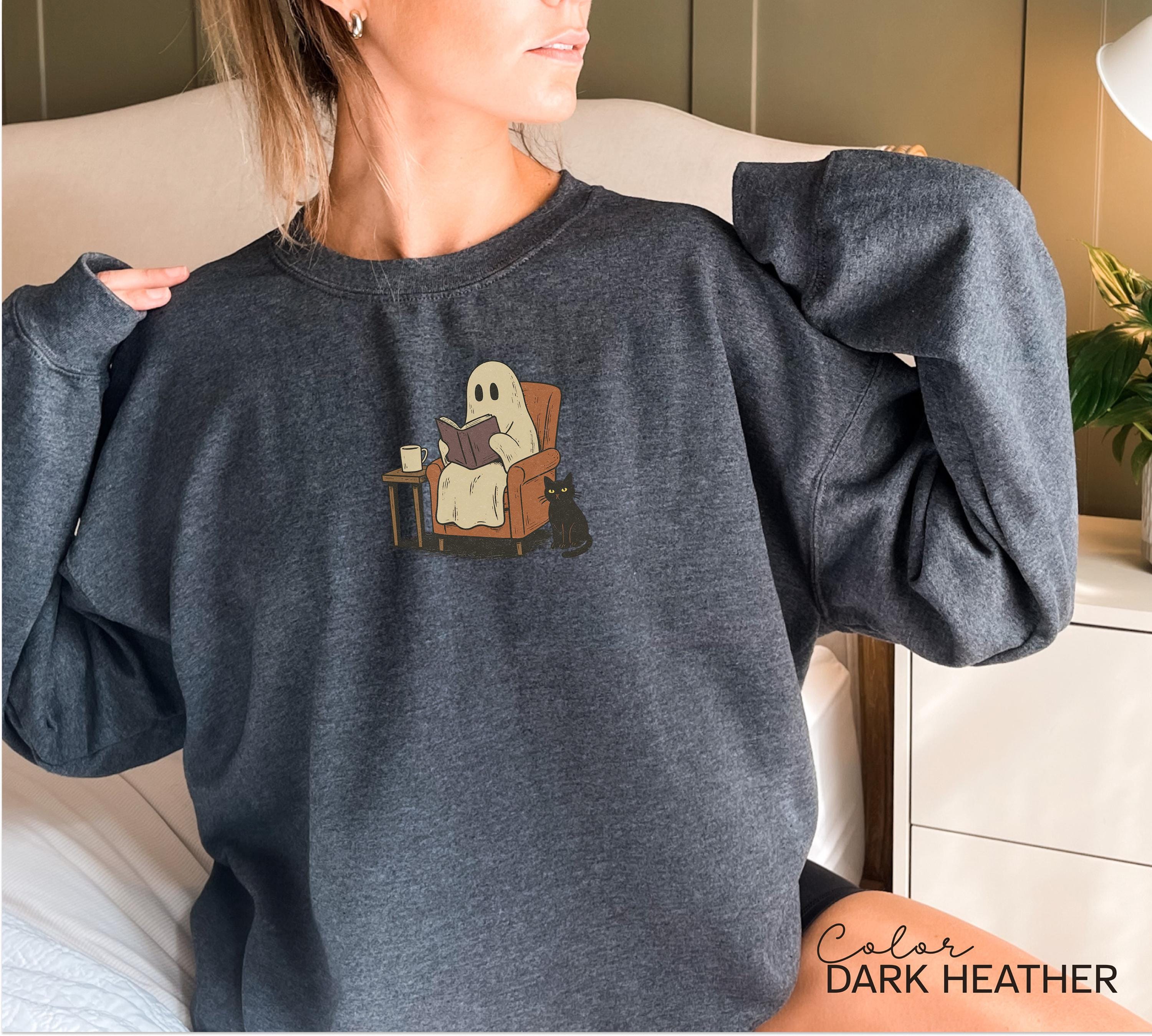 Halloween Ghost Reading Book Sweatshirt, Cozy Season Crewneck, Bookish Halloween , Halloween Reader Gift, Book Club,