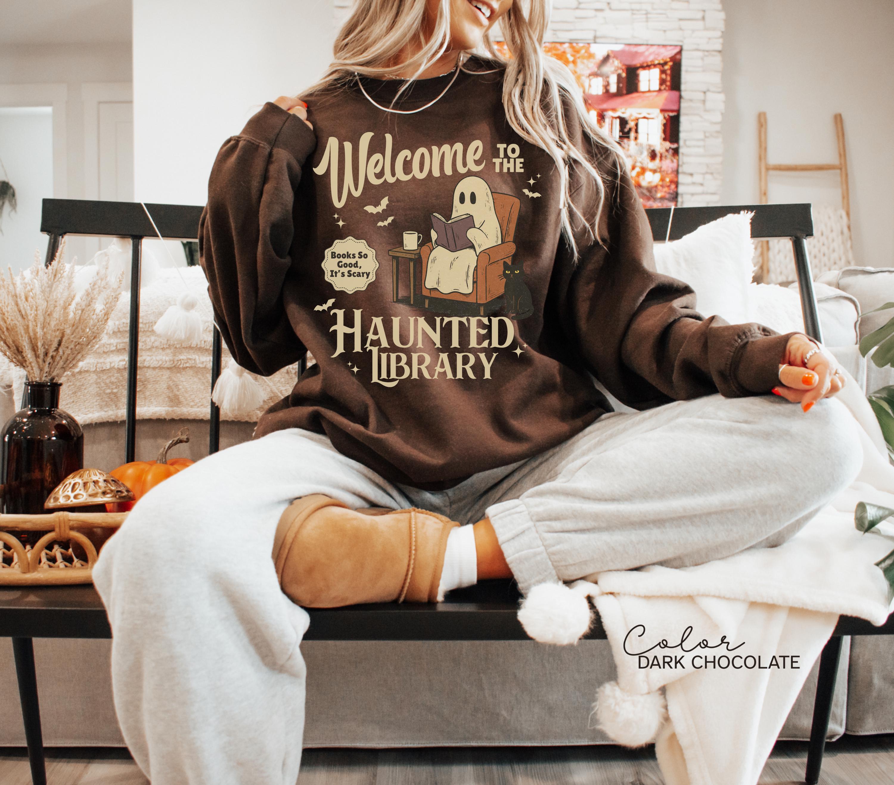 Halloween Ghost Reading Book Sweatshirt, Haunted Library Sweatshirt, Bookish Halloween Crewneck, Halloween Reader Gift, Book Club
