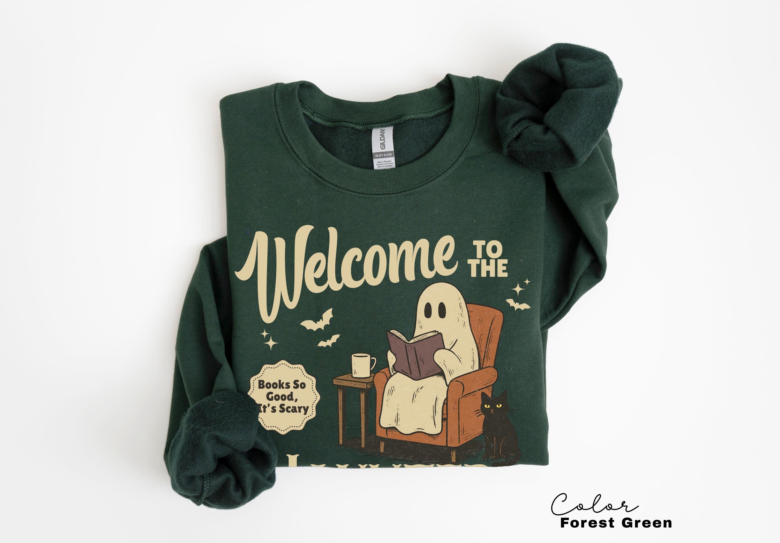 Halloween Ghost Reading Book Sweatshirt, Haunted Library Sweatshirt, Bookish Halloween Crewneck, Halloween Reader Gift, Book Club