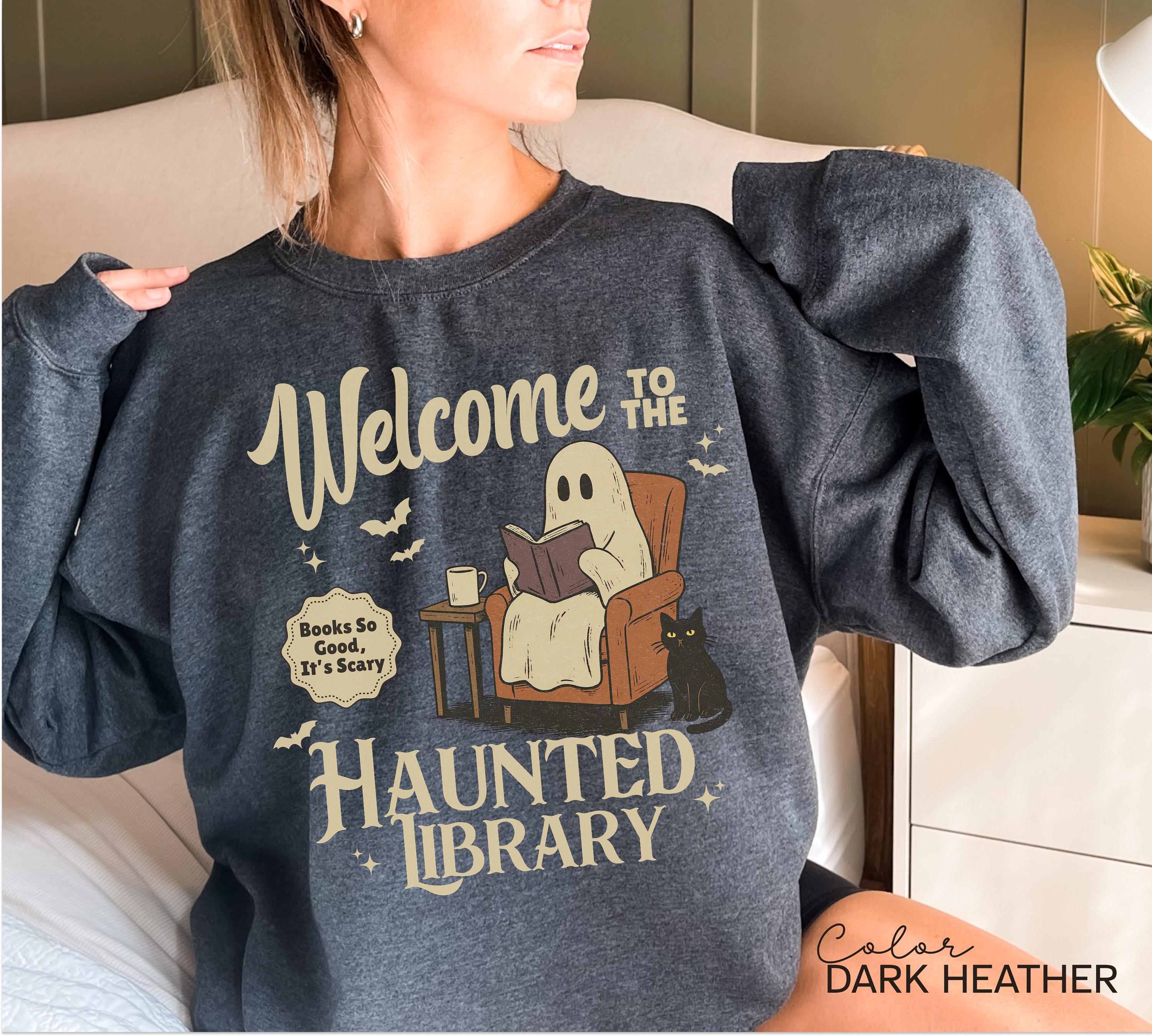 Halloween Ghost Reading Book Sweatshirt, Haunted Library Sweatshirt, Bookish Halloween Crewneck, Halloween Reader Gift, Book Club