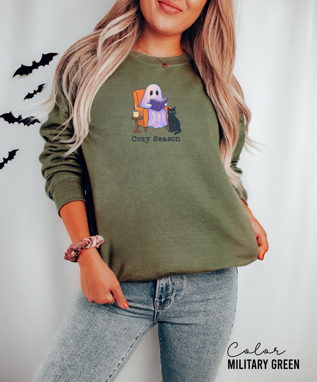 Halloween Ghost Reading Book Sweatshirt, Cozy Season, Bookish Halloween, Halloween Reader Gift, Book Club, Black Cat