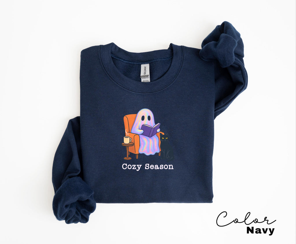 Halloween Ghost Reading Book Sweatshirt, Cozy Season, Bookish Halloween, Halloween Reader Gift, Book Club, Black Cat