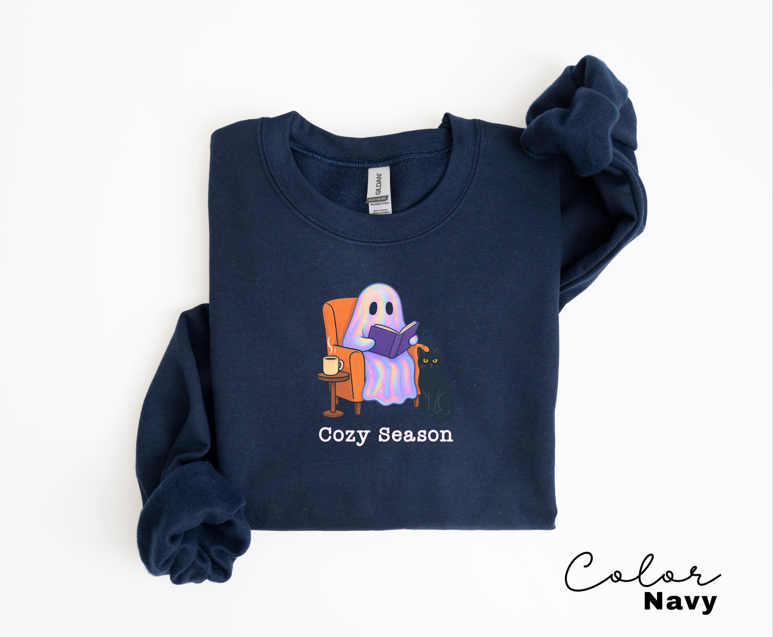 Halloween Ghost Reading Book Sweatshirt, Cozy Season, Bookish Halloween, Halloween Reader Gift, Book Club, Black Cat