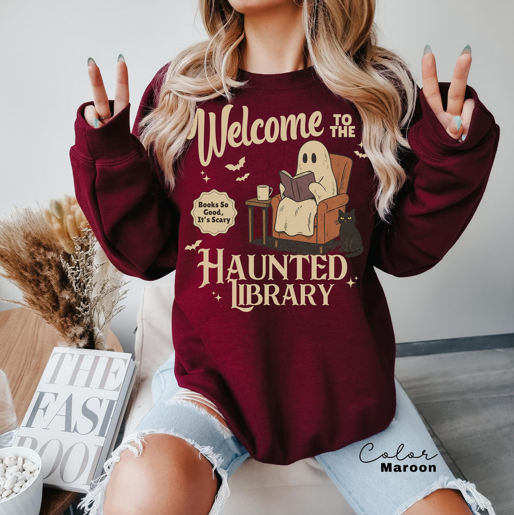 Halloween Ghost Reading Book Sweatshirt, Haunted Library Sweatshirt, Bookish Halloween Crewneck, Halloween Reader Gift, Book Club