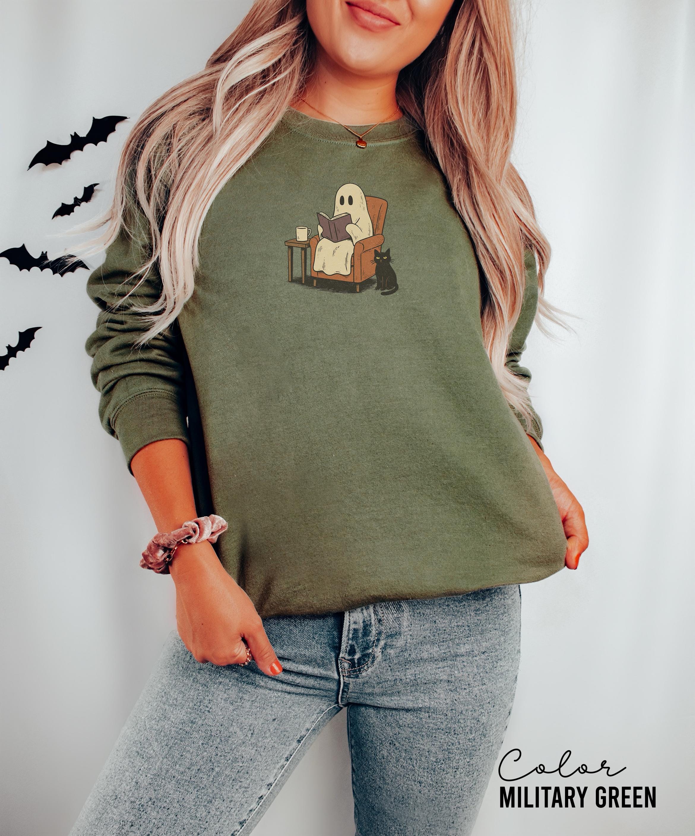 Halloween Ghost Reading Book Sweatshirt, Cozy Season Crewneck, Bookish Halloween , Halloween Reader Gift, Book Club,
