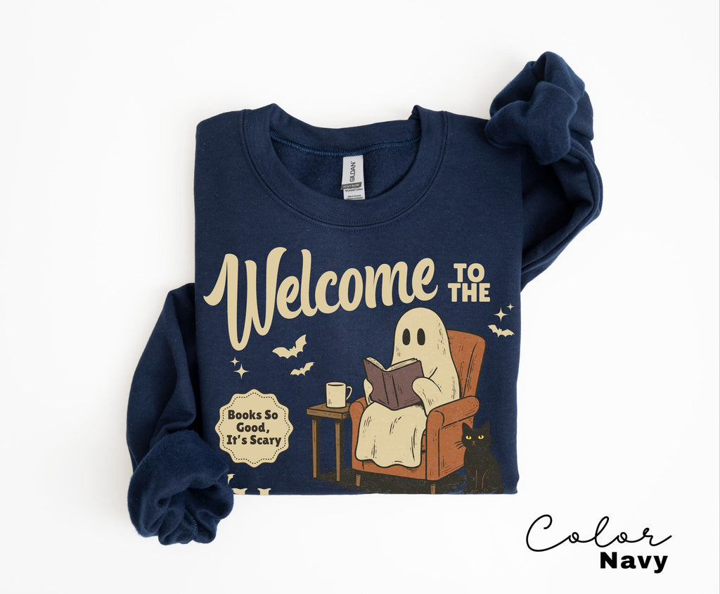Halloween Ghost Reading Book Sweatshirt, Haunted Library Sweatshirt, Bookish Halloween Crewneck, Halloween Reader Gift, Book Club