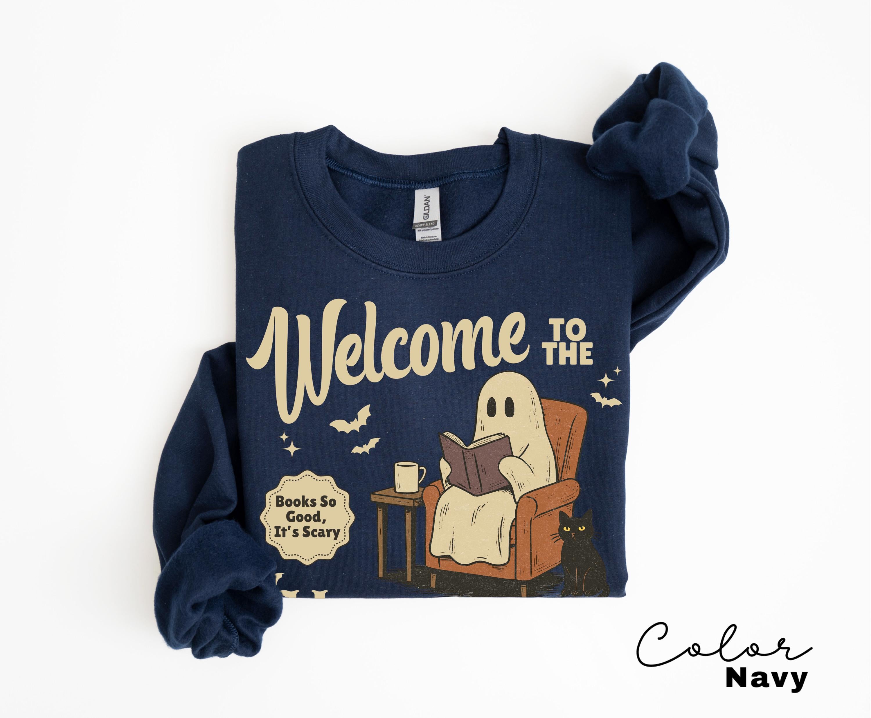 Halloween Ghost Reading Book Sweatshirt, Haunted Library Sweatshirt, Bookish Halloween Crewneck, Halloween Reader Gift, Book Club