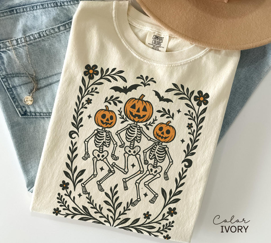 Skeleton Halloween Retro Shirt, Boho Cottagecore, Floral Halloween, Oversized, Comfort Colors, Crewneck Tee, Halloween Party, Spooky,